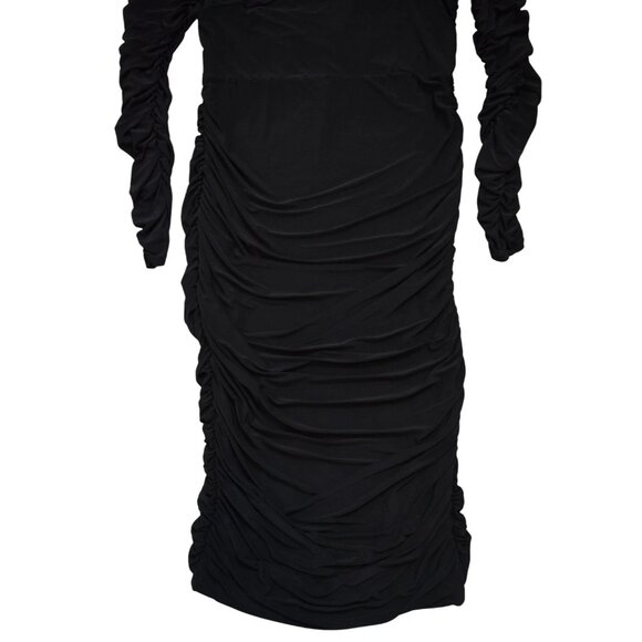 CLUB L LONDON ELODIE BLACK ASYMMETRIC BARDOT RUCHED MIDI DRESS - Picture 5 of 10